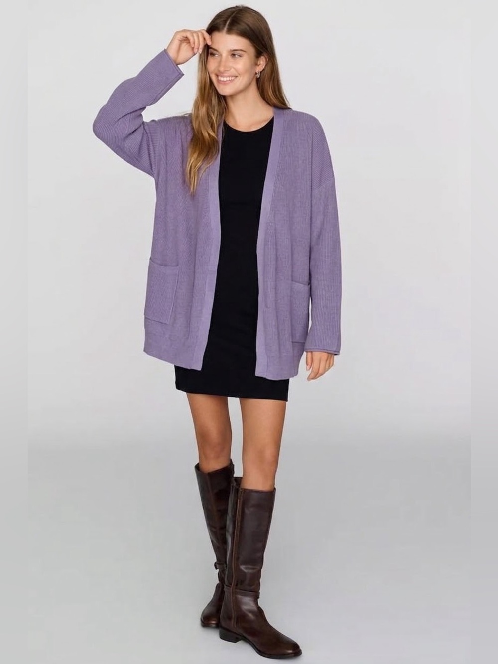 VICI Purple Ribbed Open Front Cardigan Sweater Size Large Classic Preppy Cottage